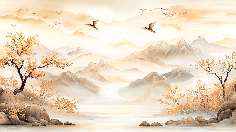 高清大图下载【趣麦麦图】水墨山水鸟高清图片