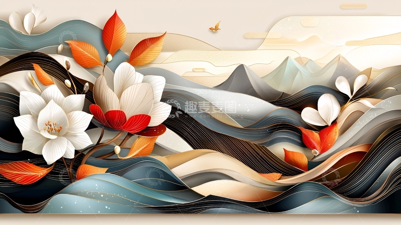 高清大图下载【趣麦麦图】水墨风山水花卉装饰画