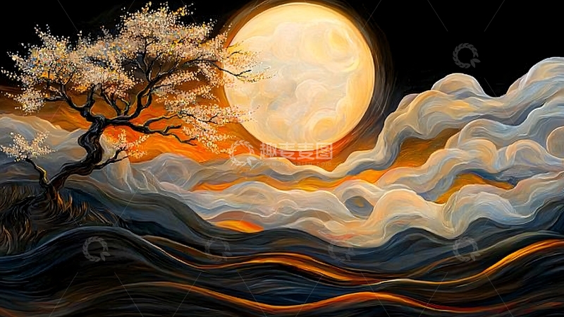 高清大图下载【趣麦麦图】水面升明月树影横斜的意境图