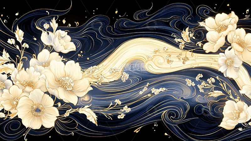 高清大图下载【趣麦麦图】水墨风金色花朵艺术背景