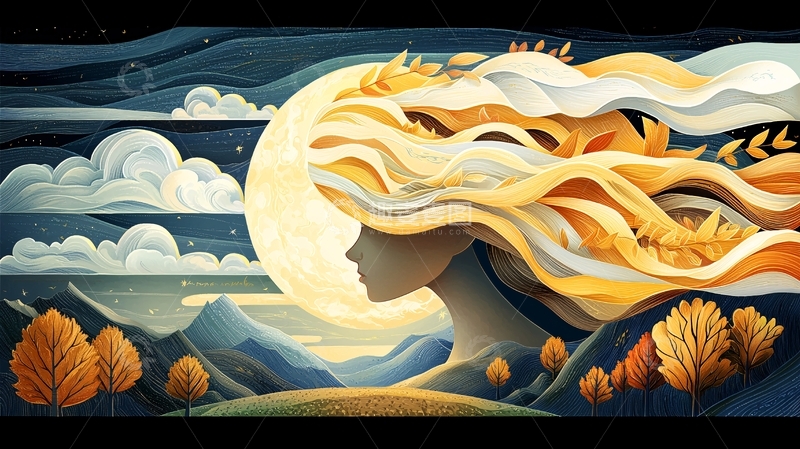 高清大图下载【趣麦麦图】月光下长发飘逸的女子