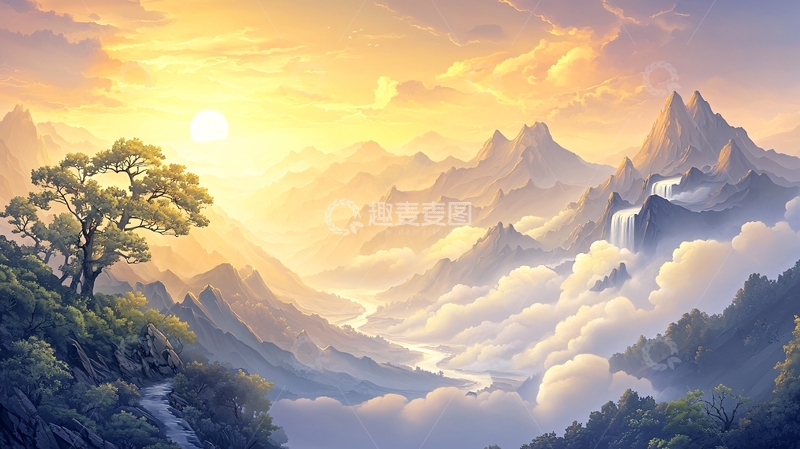 高清大图下载【趣麦麦图】山峦叠嶂下的金色日出