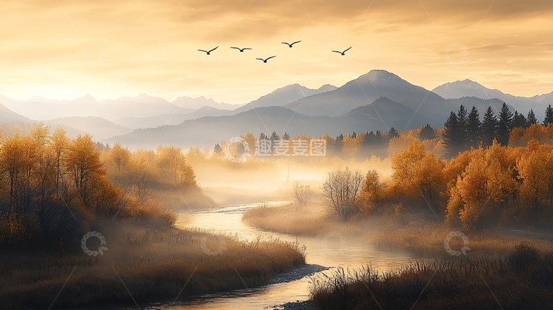 高清大图下载【趣麦麦图】金色雾霭笼罩的河流山脉