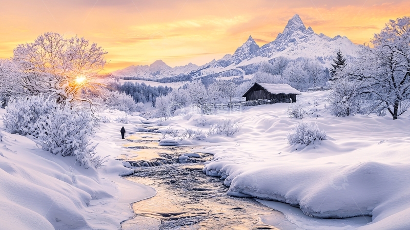 高清大图下载【趣麦麦图】雪山小屋冬日夕阳