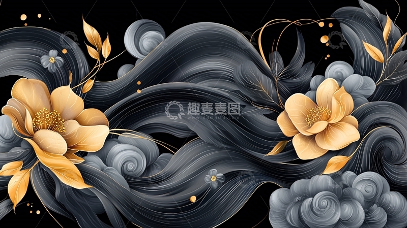 高清大图下载【趣麦麦图】金色花朵黑色背景抽象水墨