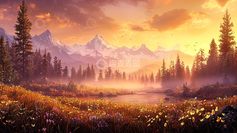 高清大图下载【趣麦麦图】夕阳下的山间湖泊