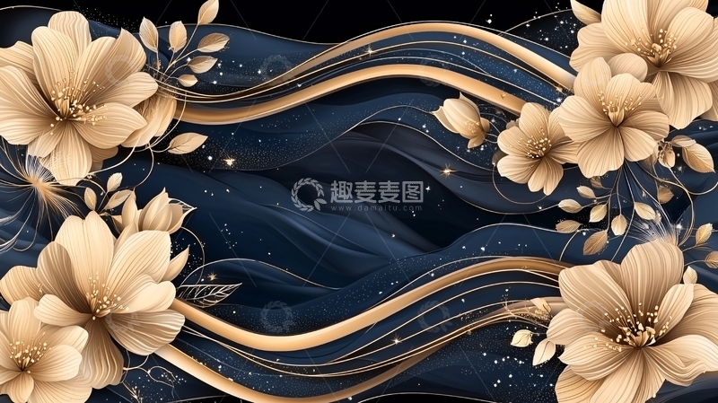 高清大图下载【趣麦麦图】金色花朵与深蓝色丝绸