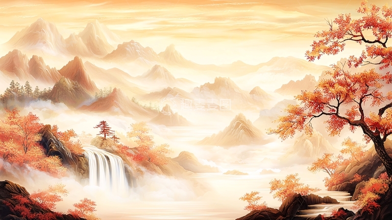 瀑布旁女子眺望远方山脉