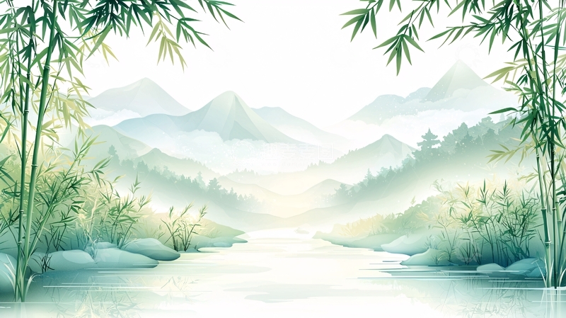 高清大图下载【趣麦麦图】水墨山水竹林风景画