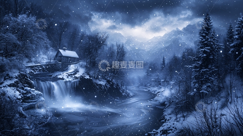 高清大图下载【趣麦麦图】雪夜小屋瀑布