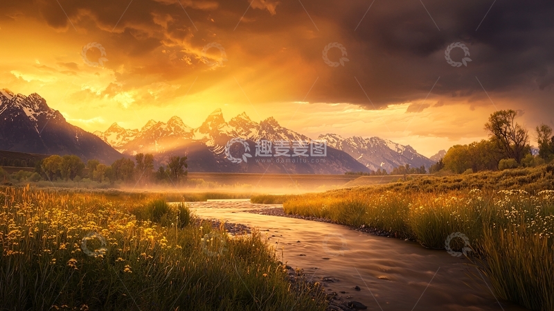 高清大图下载【趣麦麦图】金色天空下的山川河流
