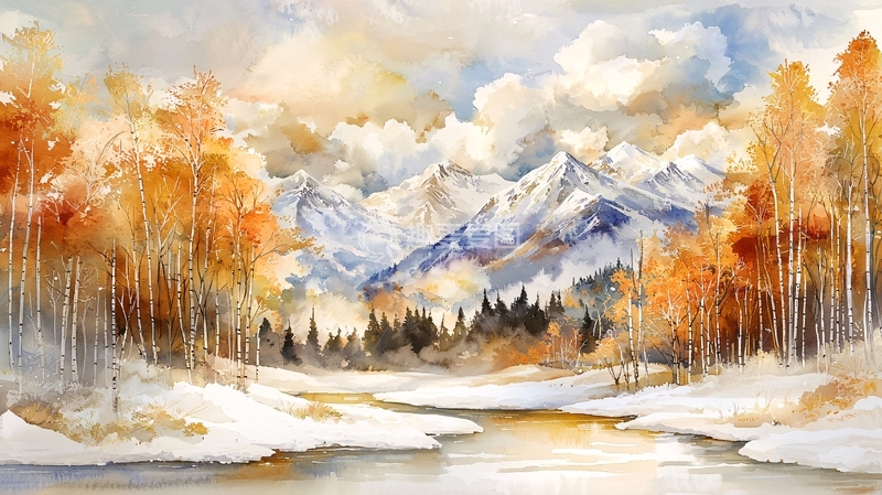 高清大图下载【趣麦麦图】雪山森林河流交织的油画风景