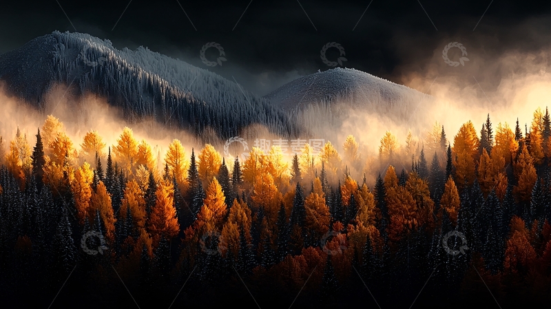 高清大图下载【趣麦麦图】秋日山林云雾缭绕