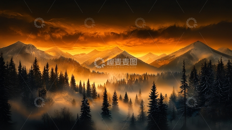 高清大图下载【趣麦麦图】金色山脉森林景观