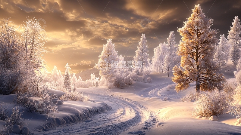 高清大图下载【趣麦麦图】雪覆盖的森林日落美景