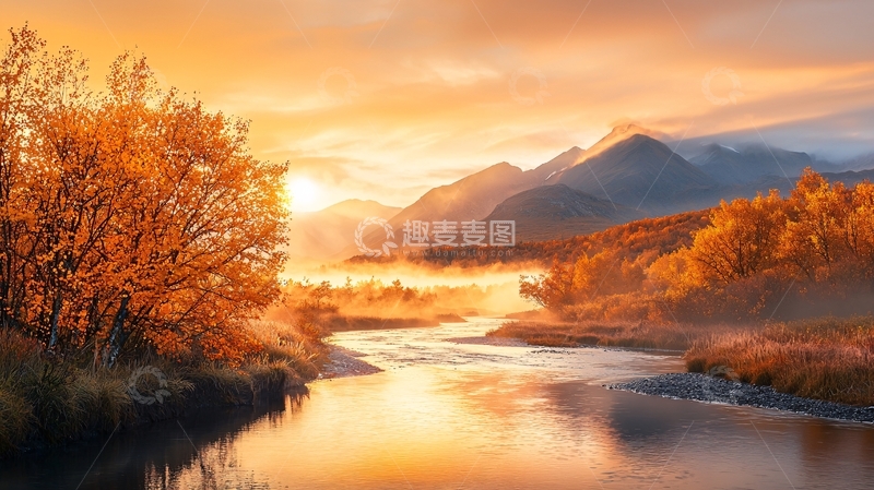 高清大图下载【趣麦麦图】秋日金辉下的宁静河流