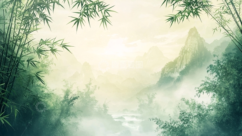 高清大图下载【趣麦麦图】水墨风山水竹林意境背景