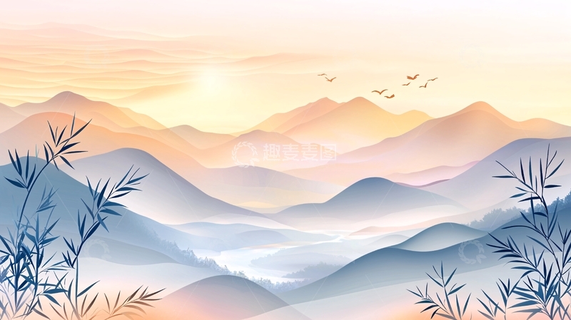 高清大图下载【趣麦麦图】水墨山水日出意境图