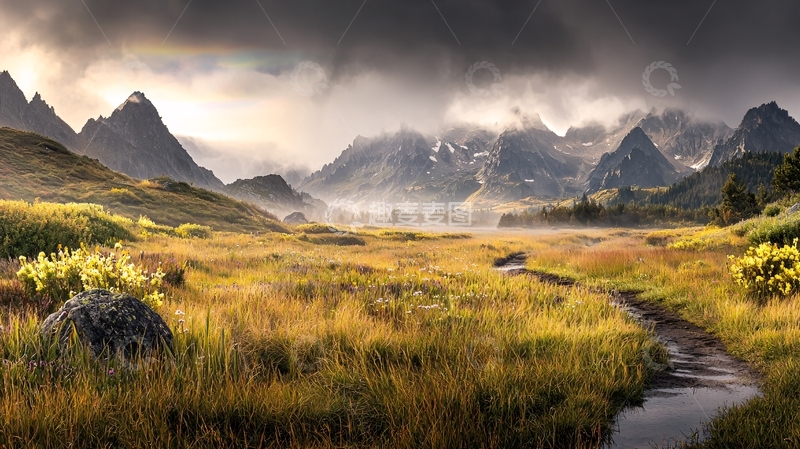 高清大图下载【趣麦麦图】金色草原山脉云雾缭绕