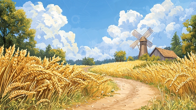 高清大图下载【趣麦麦图】田园风光麦田小屋蓝天白云