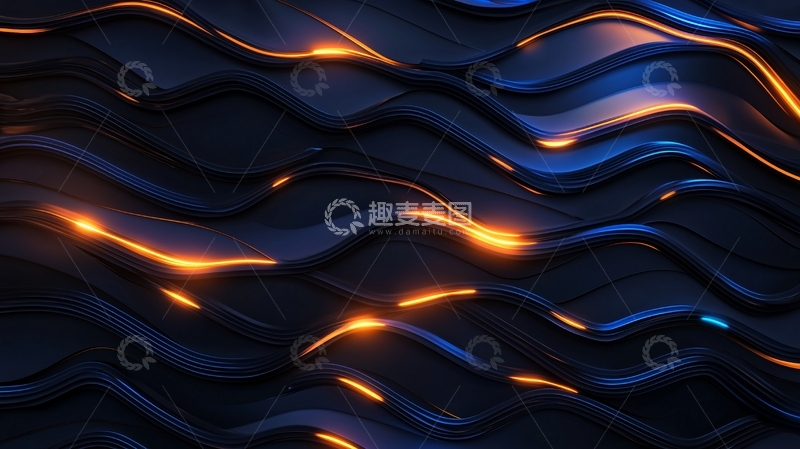 高清大图下载【趣麦麦图】蓝色流体曲线与金色光芒
