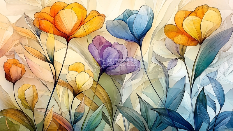 高清大图下载【趣麦麦图】色彩鲜艳的花朵水彩画