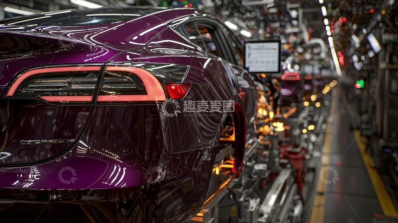 高清大图下载【趣麦麦图】汽车生产线上的紫色特斯拉