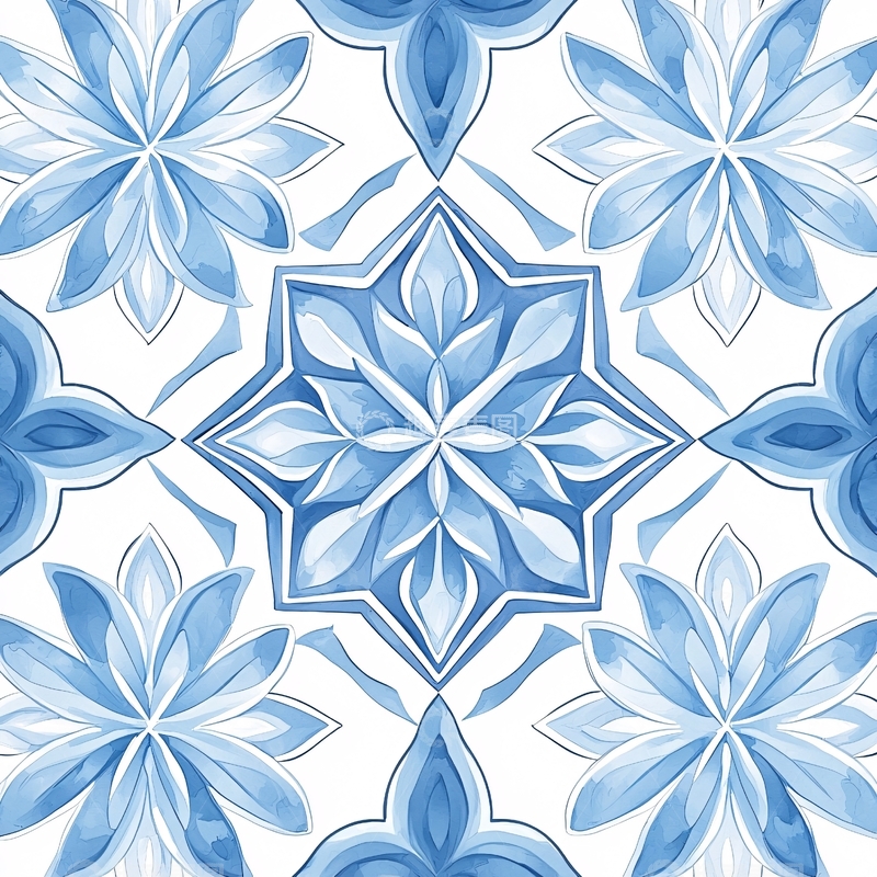 高清大图下载【趣麦麦图】蓝色花卉瓷砖图案
