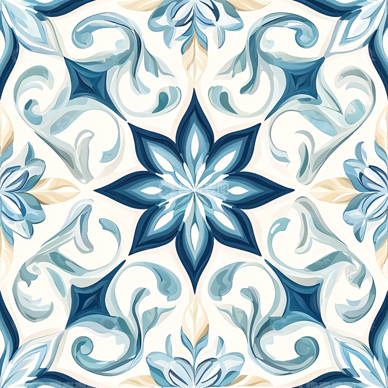 高清大图下载【趣麦麦图】蓝色花卉图案瓷砖纹理