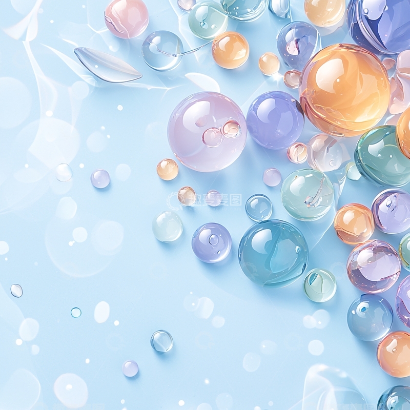 高清大图下载【趣麦麦图】彩色透明水珠在浅蓝色背景上