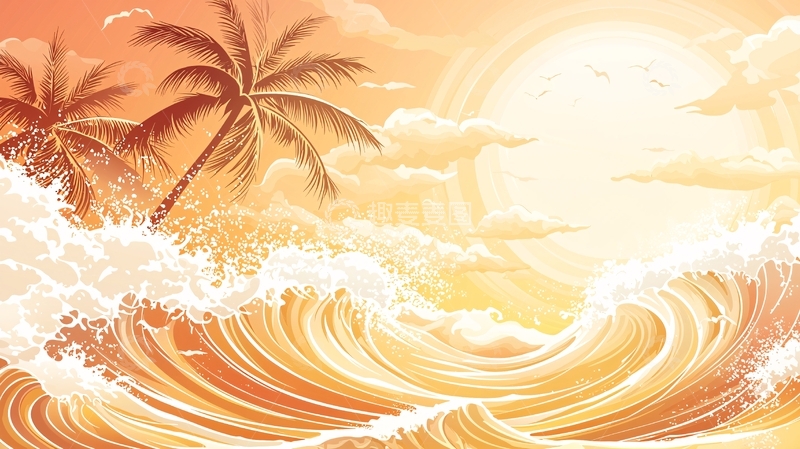 高清大图下载【趣麦麦图】金色阳光下的海浪椰树