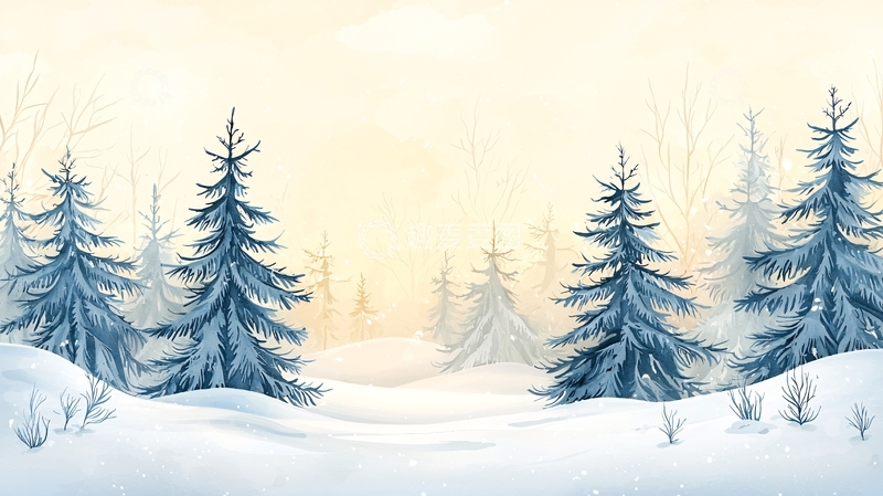 高清大图下载【趣麦麦图】雪地森林的蓝色水彩画