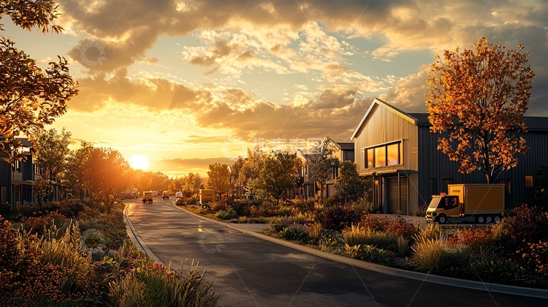 高清大图下载【趣麦麦图】夕阳下的郊区住宅