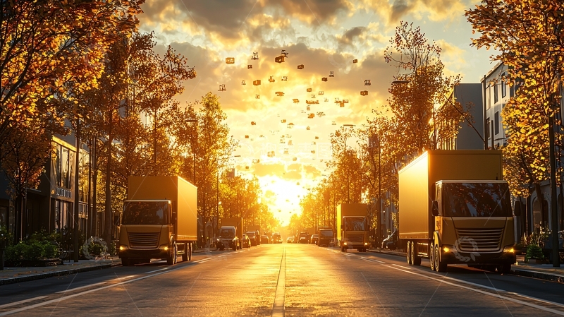 高清大图下载【趣麦麦图】-秋日阳光下的卡车运输