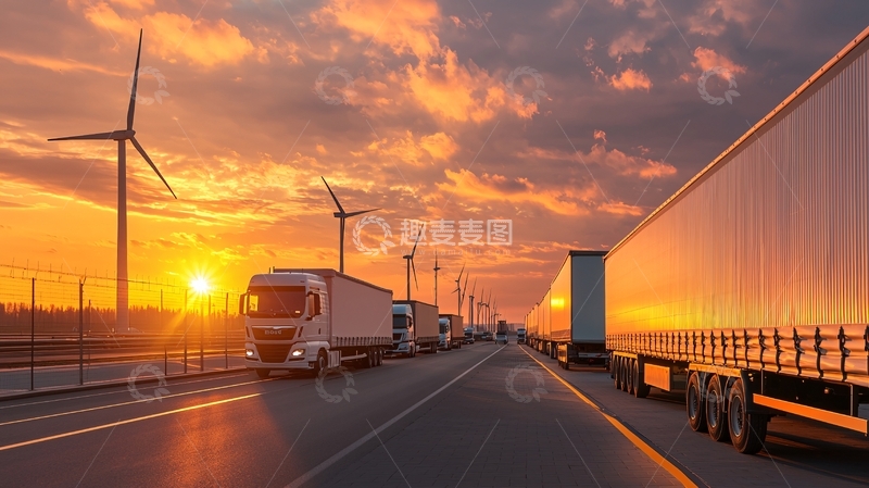 高清大图下载【趣麦麦图】夕阳下的卡车运输