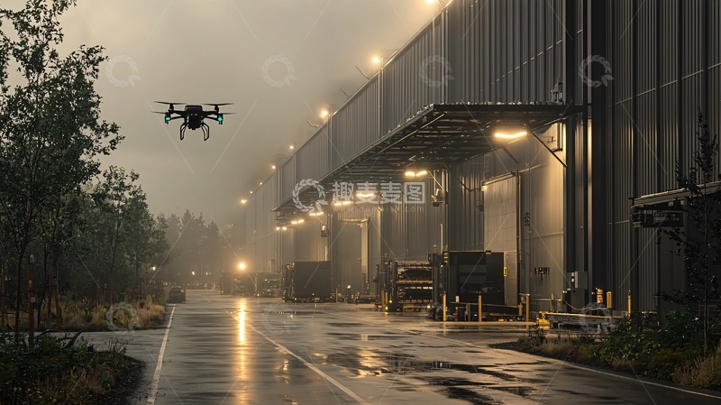高清大图下载【趣麦麦图】阴暗天气下的仓库无人机