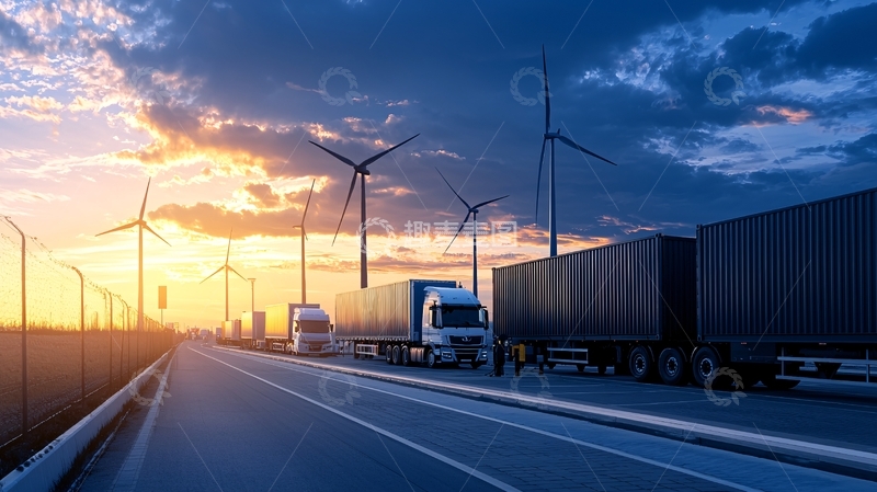 高清大图下载【趣麦麦图】公路上的卡车和风力涡轮机