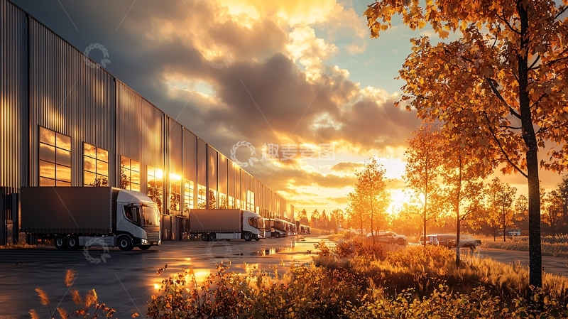 高清大图下载【趣麦麦图】物流仓库日落时分