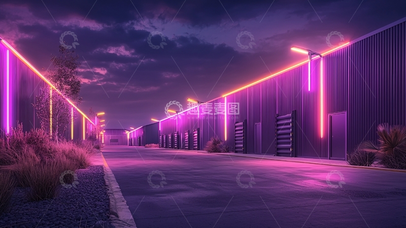 高清大图下载【趣麦麦图】霓虹灯照亮的工业区夜景