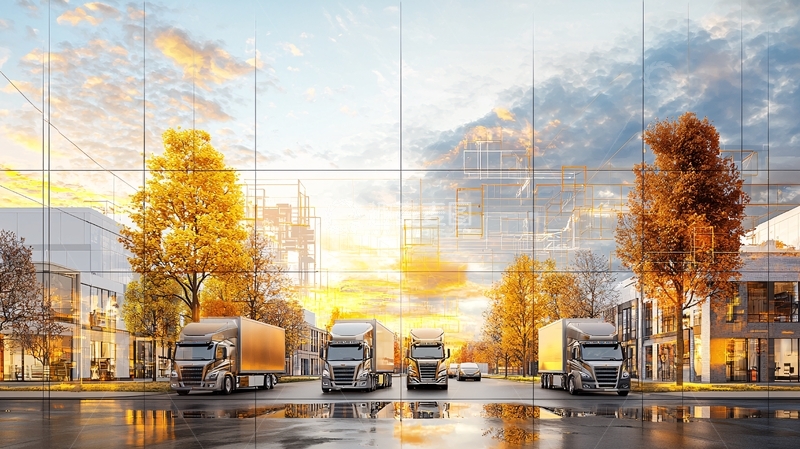 高清大图下载【趣麦麦图】城市道路上的一排卡车