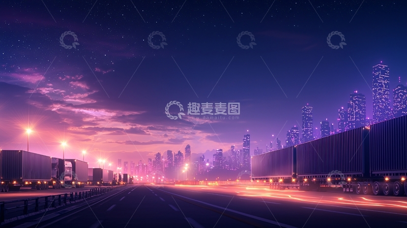 高清大图下载【趣麦麦图】夜晚城市中的卡车运输