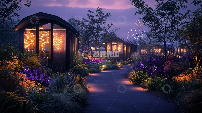 高清大图下载【趣麦麦图】夜晚花园小屋灯光路径