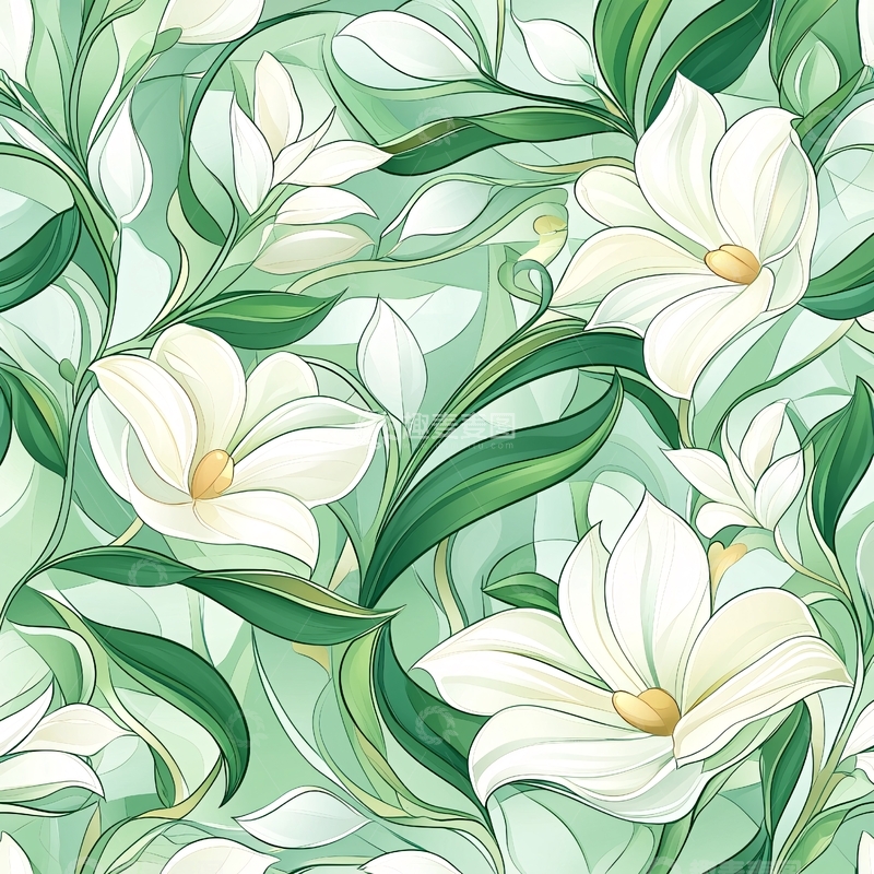 高清大图下载【趣麦麦图】玉兰花与绿叶的柔和图案