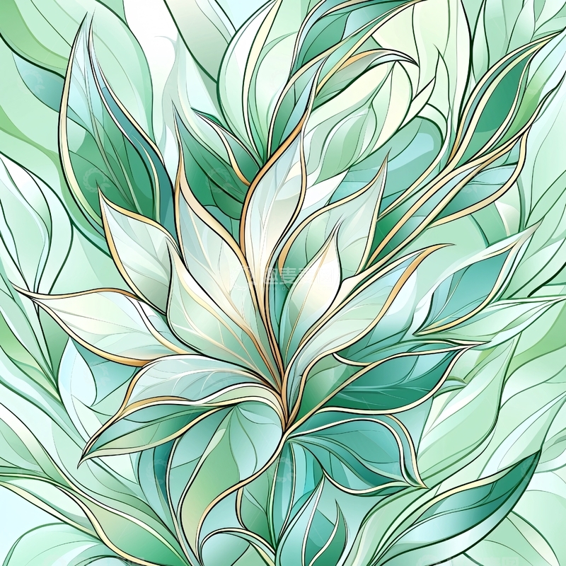 高清大图下载【趣麦麦图】浅绿色调植物花卉手绘图案