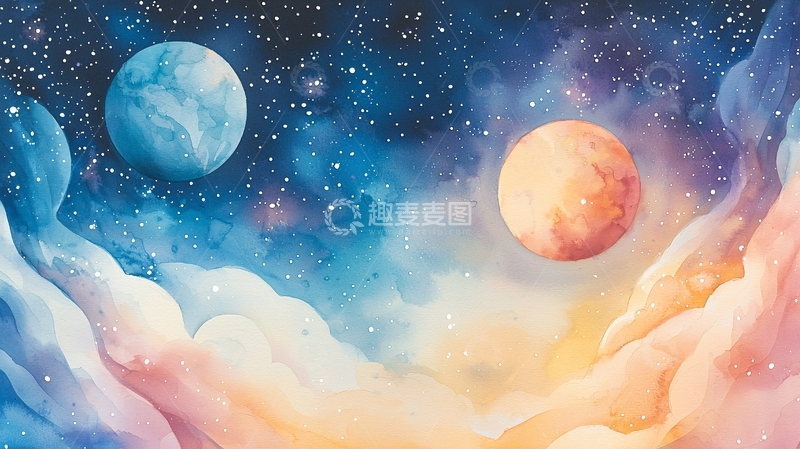 高清大图下载【趣麦麦图】梦幻星空星球水彩插画