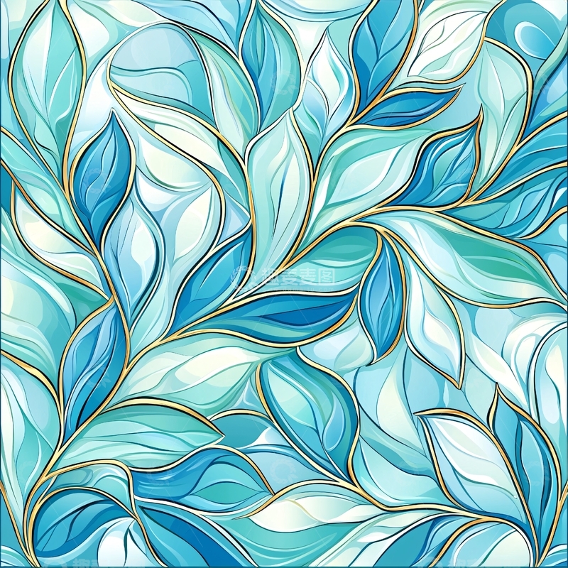 高清大图下载【趣麦麦图】水蓝色叶子交织的图案