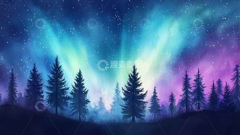高清大图下载【趣麦麦图】夜晚森林里的极光