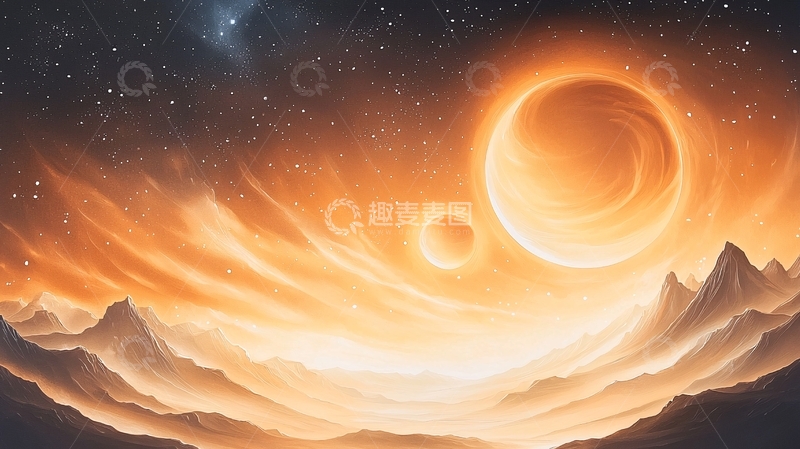 高清大图下载【趣麦麦图】橙色星空下的山峰剪影