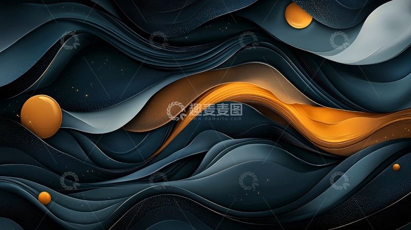 高清大图下载【趣麦麦图】深蓝金色流体曲线背景