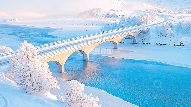 高清大图下载【趣麦麦图】雪后桥梁河流的静谧